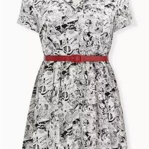 Torrid Black and white Marvel Graphic Midi Dress with Red Belt